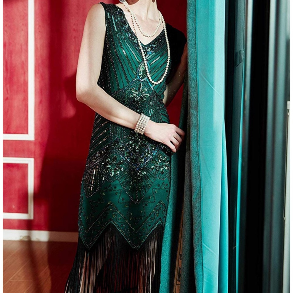 1920’s Gatsby Flapper Dress V Neck Beaded Fringe